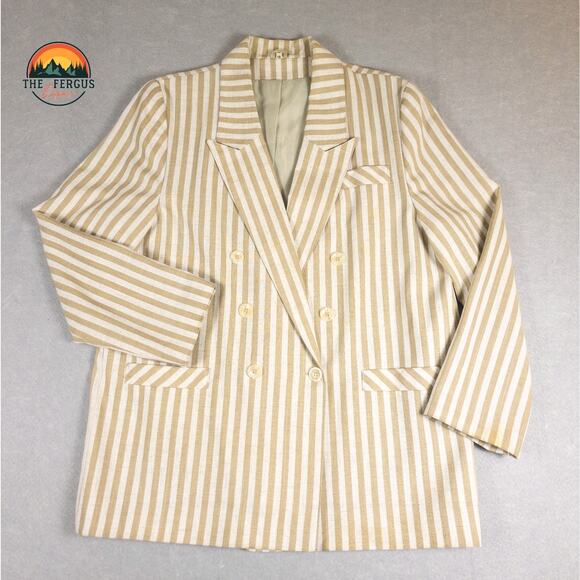 Unbranded Jackets & Blazers - Kentucky Derby Blazer Linen Blend Wide Lapel Preppy Stripes Tan White Size 18
